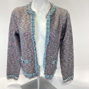 Curio Brand Mohair Sweater Multicolor Tweed Style Cardigan Blue Velvet Accents L